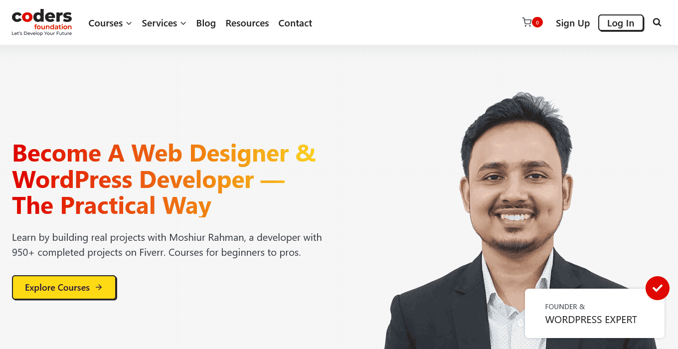 Coders Foundation WordPress learning platform homepage showing web design and WordPress developer courses hero section