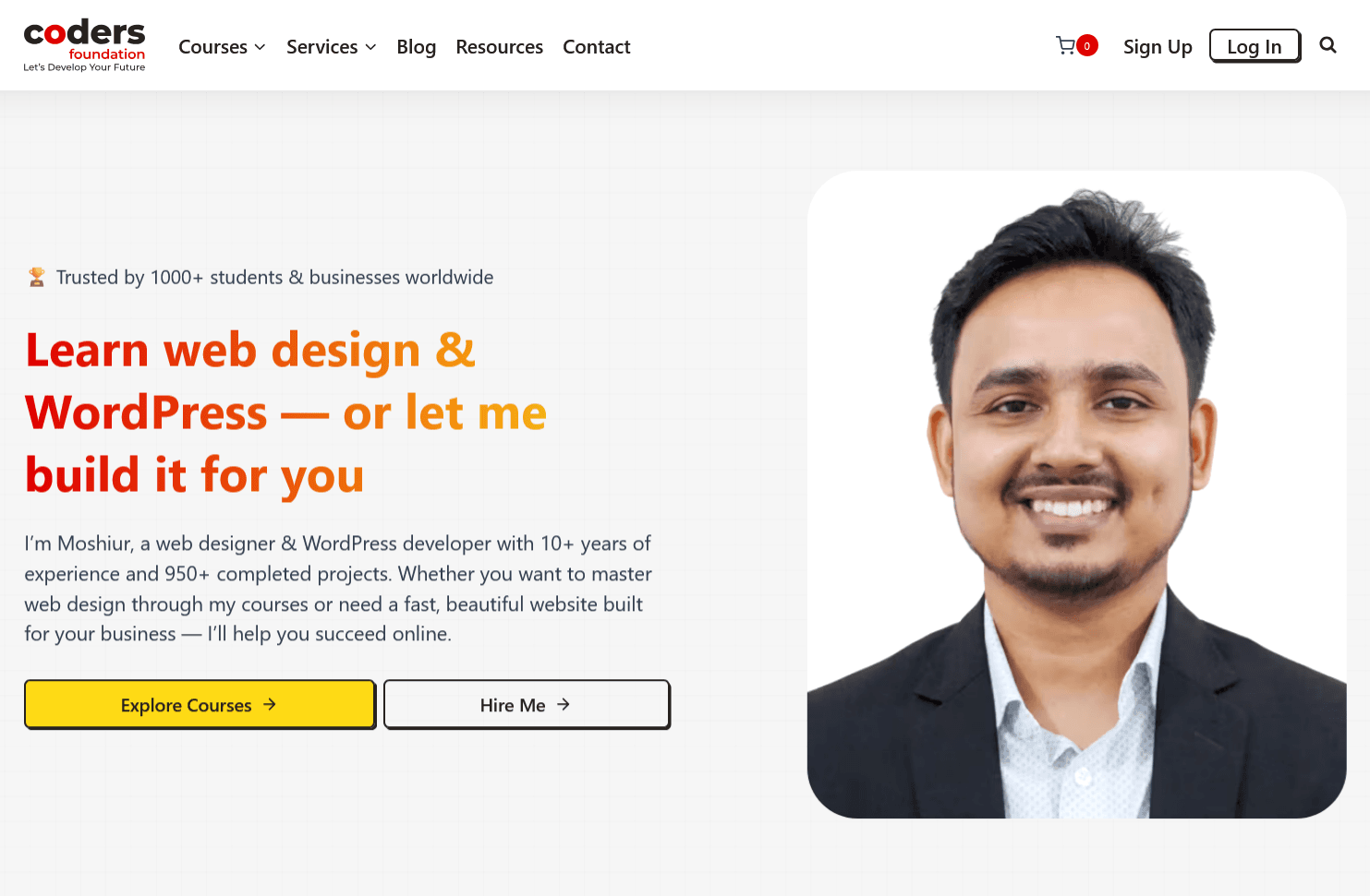 Coders Foundation WordPress learning platform homepage showing web design and WordPress developer courses hero section